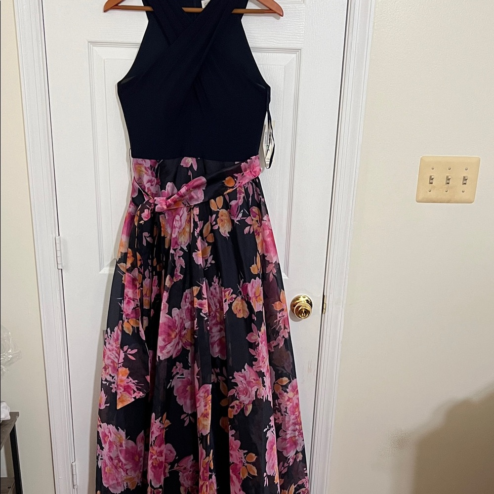ELIZA J Navy Blue Jersey Criss-Cross Gown Size 8